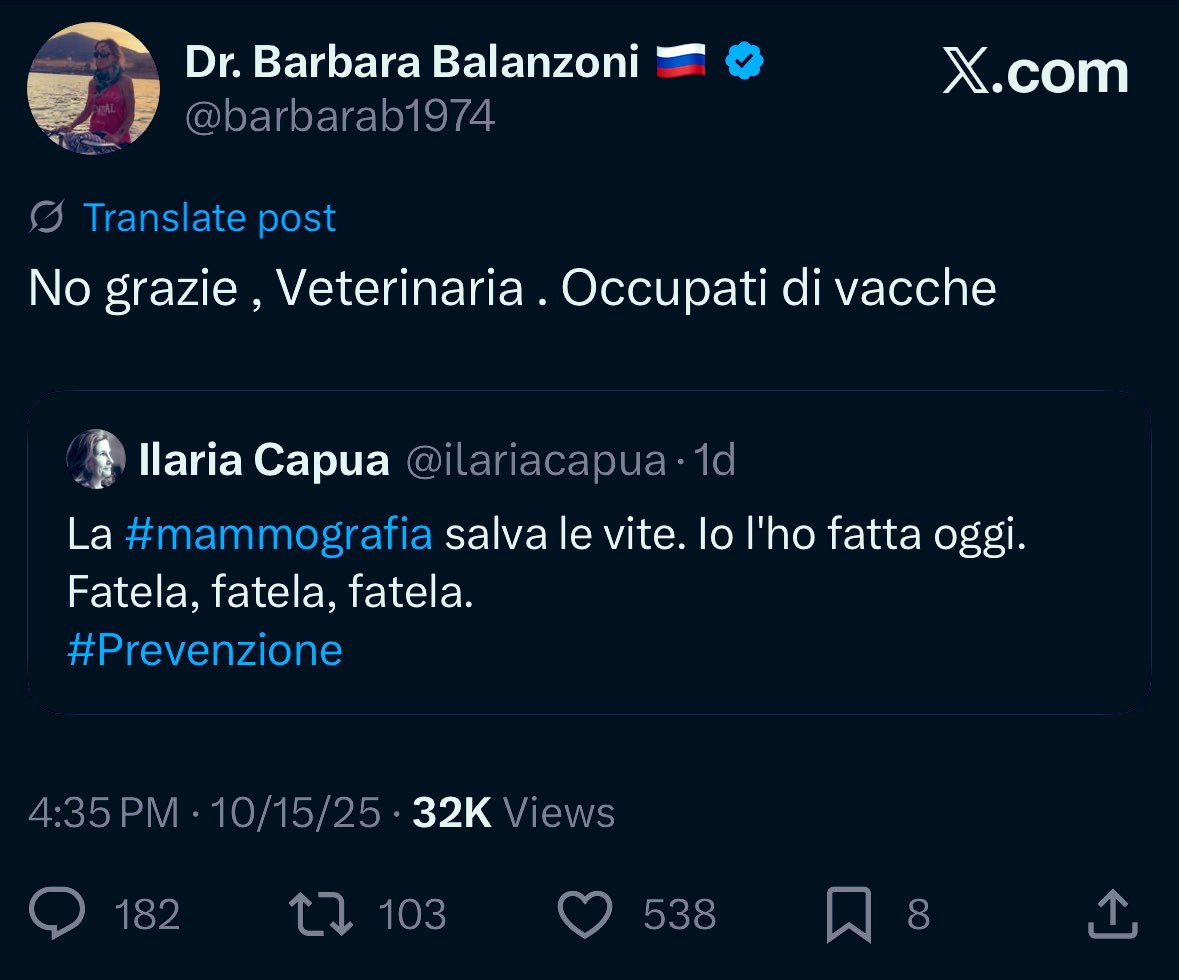 Attaccare una scienziata come <a href="/ilariacapua/">Ilaria Capua</a> solo perché promuove la prevenzione del tumore al seno è vergognoso.

Ma ancora più vergognoso è vedere centinaia di persone che applaudono un insulto del genere.

Non stanno bene