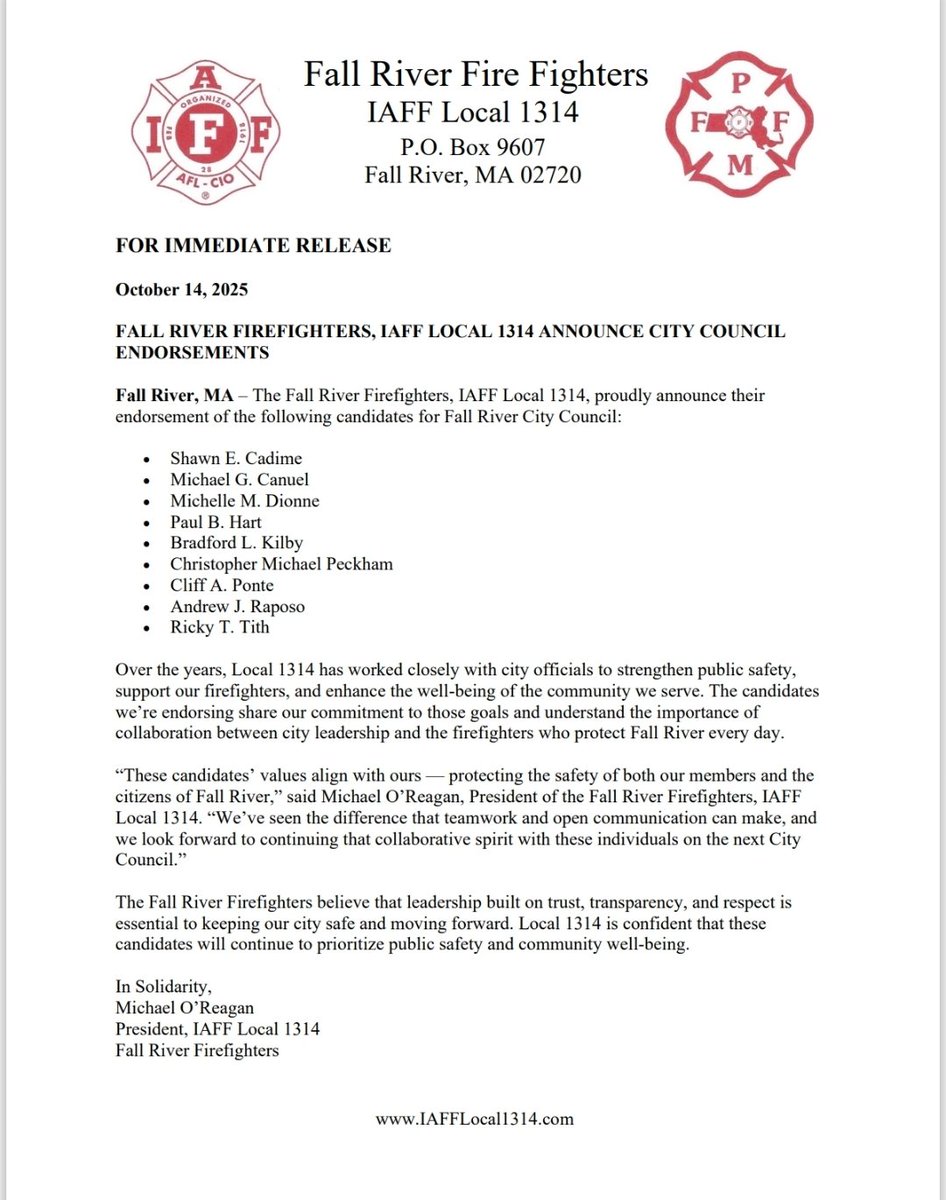 🚨 City Council Endorsements Announced 🚨

These candidates share our commitment to public safety, teamwork, and community well-being — values that protect both our members and the citizens of Fall River.

#L1314 #FallRiver #FallRiverFirefighters