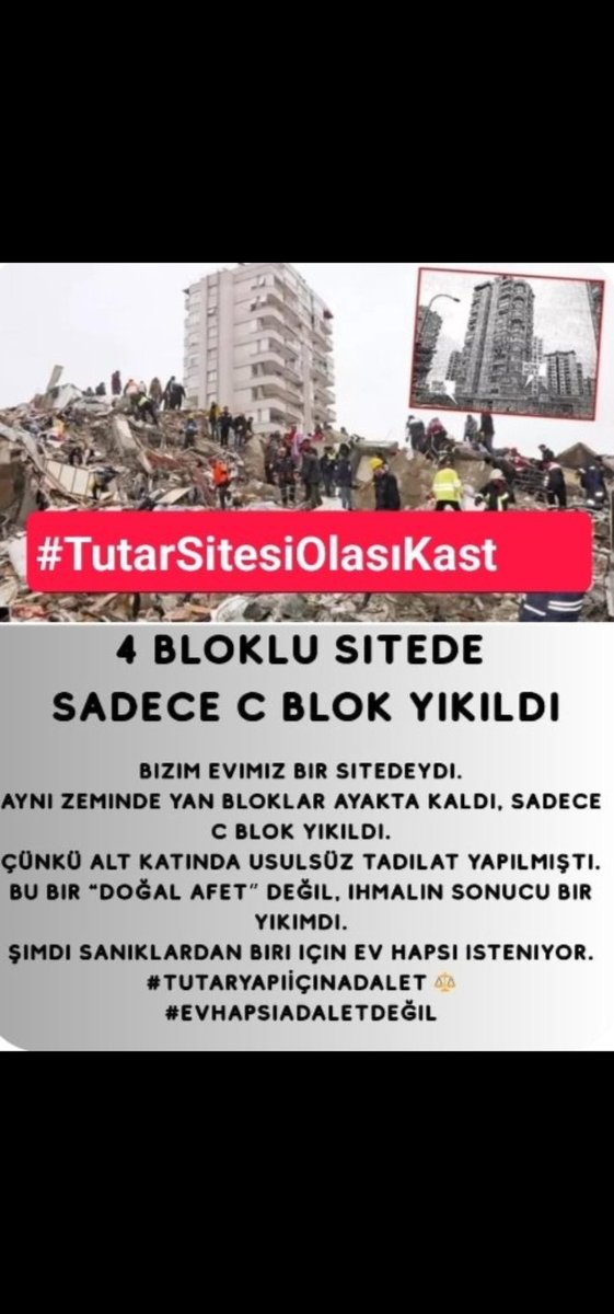 <a href="/sultandogaan/">sultandogaan</a> 6 Şubat depremlerinde Tutar Sitesinde kaybettiğimiz 63 insanımız için Adalet istiyoruz ❗

#TutarSitesiOlasıKast