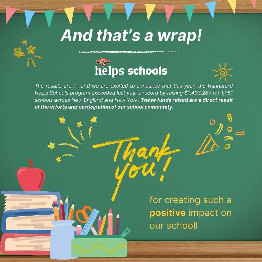 Oxford Hills Comprehensive High School raised a total of $1,161.00, consisting of the $300 base donation and additional funds from 241 community-redeemed coupons directed to your school. Thank you, Hannaford!