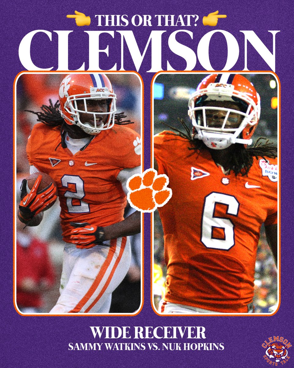 ClemsonSports's tweet photo. Two Clemson legends. One tough choice. 👀

If you could only pick ONE wideout in their prime… who you got? 🐅

🔥 Sammy Watkins
💪 Nuk Hopkins https://t.co/QnVpejHywa