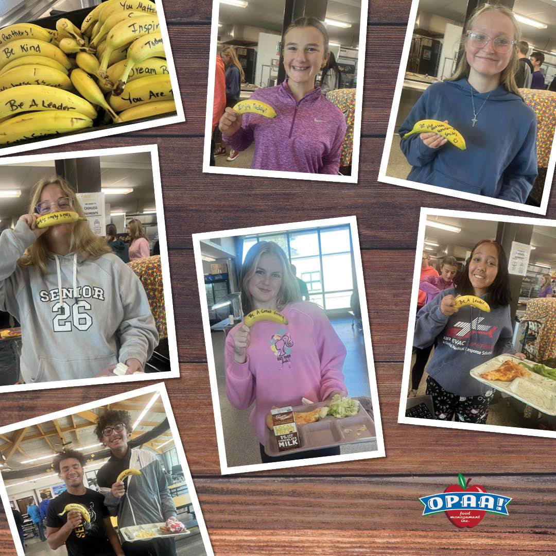 Opaafood's tweet image. Kindness is always in season! 🍌💛 Our Monroe City Team got creative with 'kindness bananas,' each one carrying a positive message and a smile! Such a fun way to brighten every student's day. #maketheirday #FunWithAPurpose