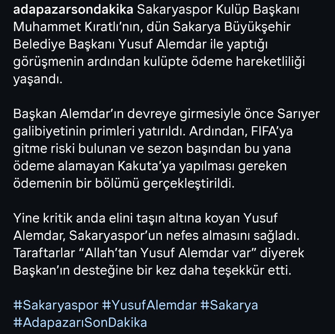 Allahtan yusuf alemdar var diyerek başkanın desteğine bir kez daha teşekkür etmişiz. Öyle diyolar.