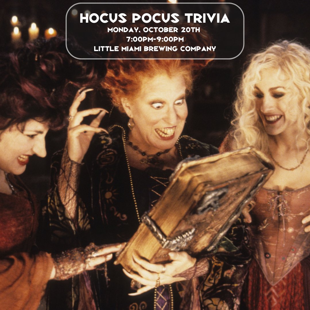 "Come, we fly!" 🧹

Dust off your brooms, put a spell on the other teams, and get ready for a witchy good time at Hocus Pocus Trivia! 🧙‍♀️🕯️

 🎃 Monday, October 20th
 🐈‍⬛ 7PM - 9PM
🧟‍♂️ Hosted by @bacchusentertainmentcincinnati