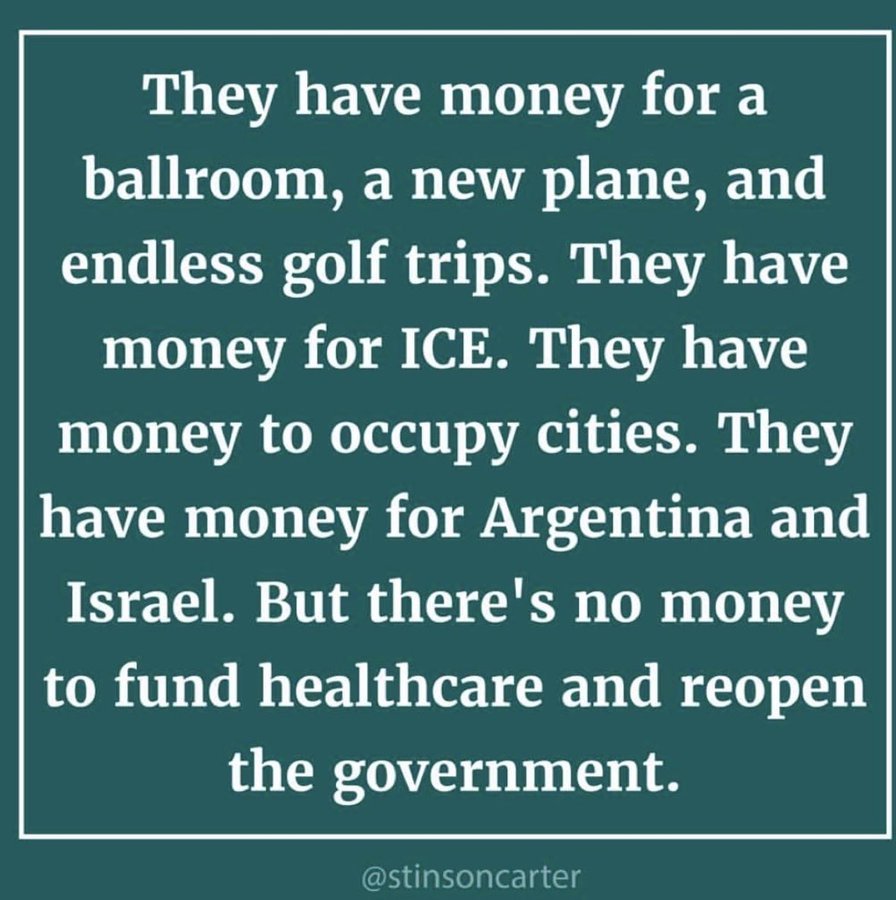 Green background with white text stating They have money for a ballroom, a new plane, and endless golf trips. They have endless golf trips. They have money for ICE. They have money to occupy cities. They have money for Argentina and Israel. But theres no money to fund healthcare and reopen the government. Attributed to Stinson Carter.