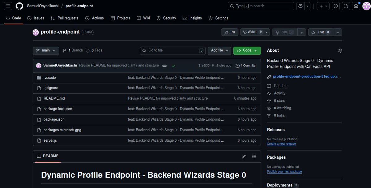 Psalmc0des's tweet image. 🚀 Completed HNG Backend Wizards Stage 0!
Built a live Profile API with fun Cat Facts 🐱
✅ Node.js + Express
✅ Dynamic timestamps &amp;amp; error handling
✅ Deployed on Railway

Live:…dpoint-production-51ed.up.railway.app/me
Code: github.com/SamuelOnyedika…

#Backend #NodeJS #APIDevelopment #HNG #HNG13