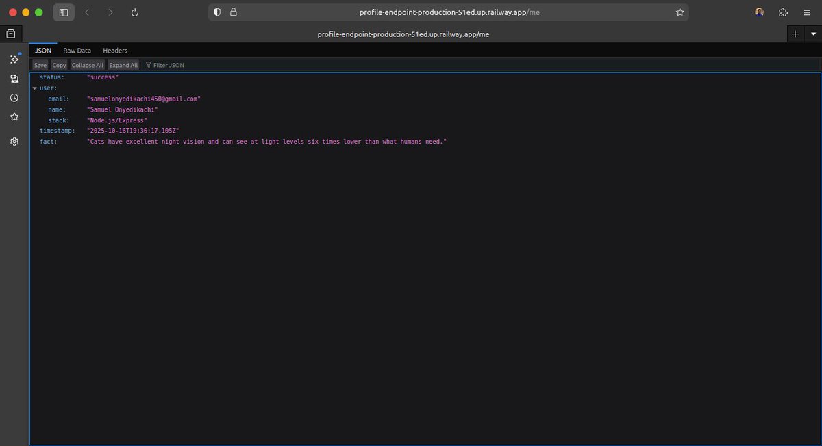 Psalmc0des's tweet image. 🚀 Completed HNG Backend Wizards Stage 0!
Built a live Profile API with fun Cat Facts 🐱
✅ Node.js + Express
✅ Dynamic timestamps &amp;amp; error handling
✅ Deployed on Railway

Live:…dpoint-production-51ed.up.railway.app/me
Code: github.com/SamuelOnyedika…

#Backend #NodeJS #APIDevelopment #HNG #HNG13