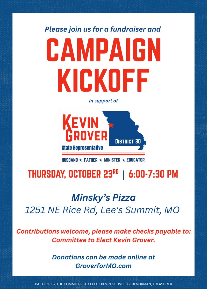 Kevin Grover (@groverformo) on Twitter photo We are one week out form our Kickoff event. Make plans to attend and be sure to bring a friend along as well. To flip this district it will take all of us working together and I know we can do this. When we work together, we win! We are one week out form our Kickoff event. Make plans to attend and be sure to bring a friend along as well. To flip this district it will take all of us working together and I know we can do this. When we work together, we win!
