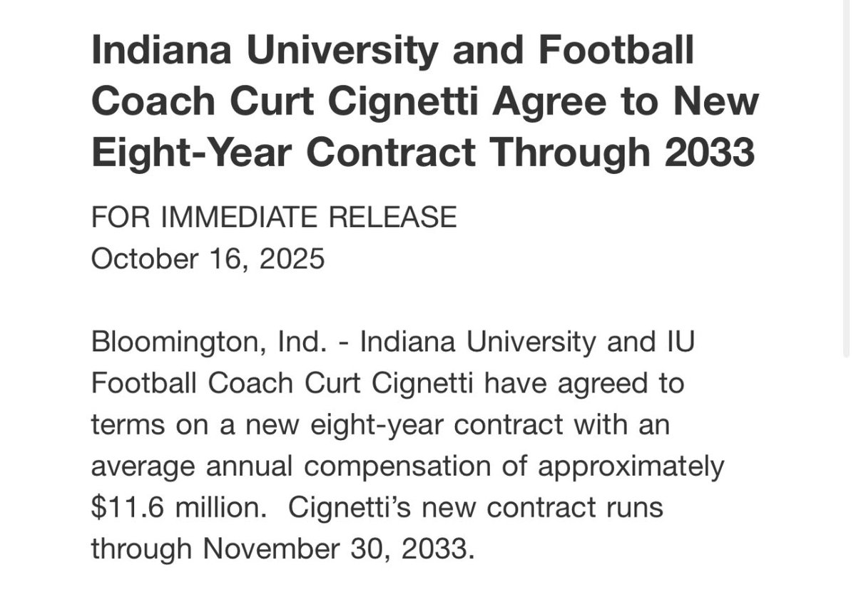 NicoleAuerbach's tweet image. New contract for Indiana football coach Curt Cignetti. He’ll make 11.6 million per year. Contract runs through 2033.