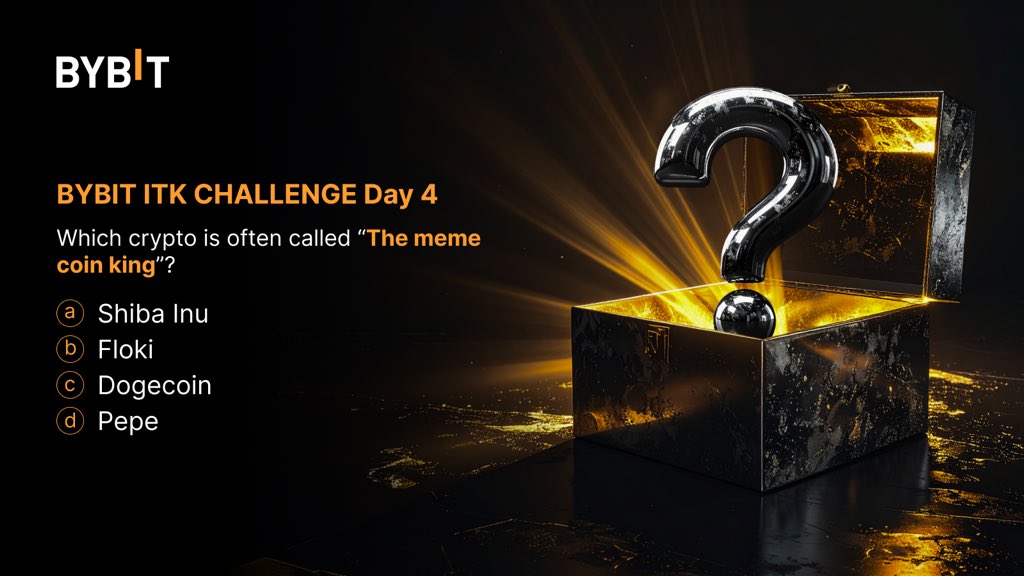 #BybitITK Challenge DAY 4

📣Test your #Crypto knowledge and walk away with a slice of $300 in #BybitITK Challenge

QUESTION 

🥳 Which Crypto is often called The Meme Coin King? 

To Join 
1️⃣Follow <a href="/BybitAfrica/">Bybit Africa</a> and turn on 🔔
2️⃣Retweet this post and tag 3 friends 
3️⃣Drop your