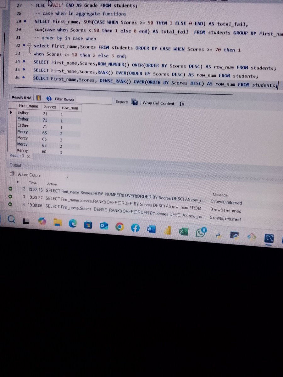 Etty_official's tweet image. Day 21 of #100DaysOfSQL
Today I explored Ranking Functions in SQL:
ROW_NUMBER()
RANK()
DENSE_RANK()
#SQL #DataAnalytics #LearningInPublic #100DaysOfCode