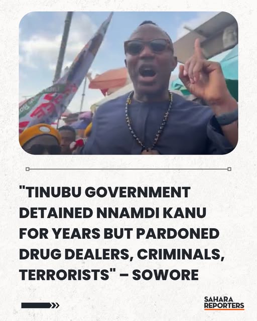 SaharaReporters's tweet photo. "Tinubu Government Detained Nnamdi Kanu For Years But Pardoned Drug Dealers, Criminals, Terrorists" – Sowore Addresses #FreeNnamdiKanuNow Protesters In Abuja | Sahara Reporters https://t.co/vYhCiseUe0 https://t.co/0YriaEZ54X