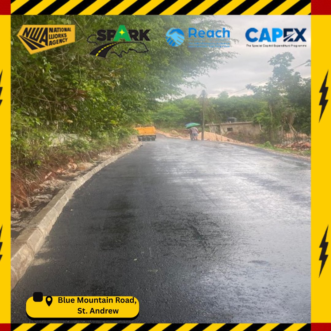NWA_JA's tweet photo. The #SPARK Programme is lighting up St. Andrew ⚡️⚡️⚡️

Works include but is not limited to: Asphalt paving, Road marking, Kerb and sidewalk construction, and prime coat of base layer ⚒️🚧

#NWAUpdate 
#nwajamaica 
#SPARKJamaica https://t.co/Lij2260EDq
