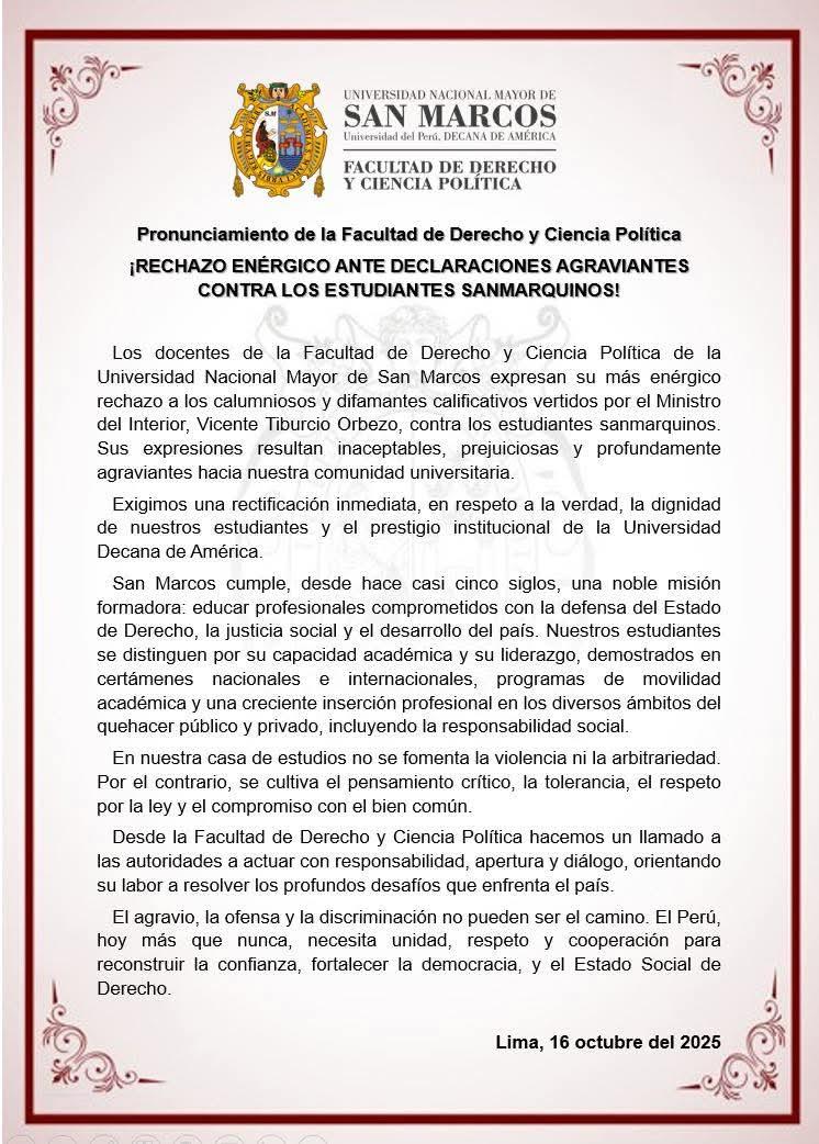 Docentes de la facultad de derecho y ciencia política de la UNMSM rechazan con firmeza y convicción los agravios vertidos por el ministro del interior contra los y las estudiantes sanmarquinos.
A San Marcos se le respeta!