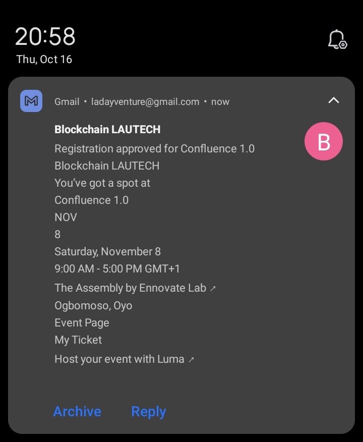 AcademicOnChain's tweet photo. Thrilled to share that my registration for Confluence 1.0 by @BlockchainLAUT1 has been approved!
Excited to connect, learn, and grow with brilliant minds at The Assembly by Ennovate Lab, Ogbomoso.
#Confluence1 #BlockchainLAUTECH #Web3 #Innovation https://t.co/SSE16Oettl