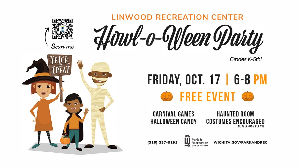 🎃👻Get ready for a spooktacular evening at Linwood Rec Center’s FREE Howl-O-Ween Party! Join us Oct. 17, 6-8pm, for games, candy, a haunted room, and more! Costumes are encouraged (just leave the weapons at home)! Perfect for kids in K-5th grade. bit.ly/3W9WHJe