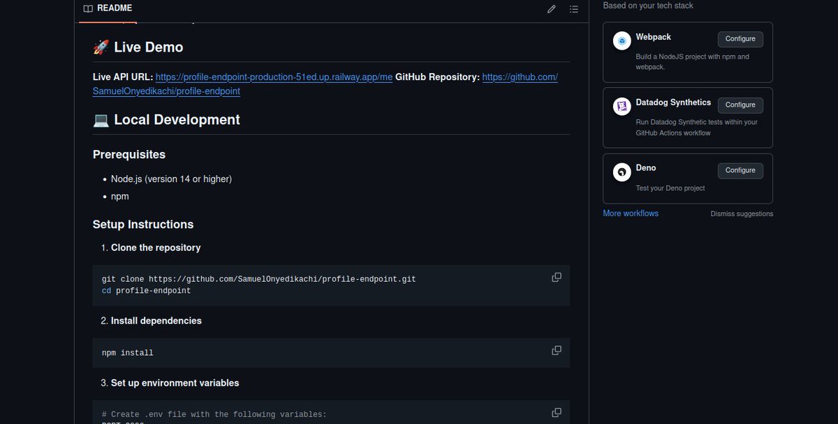 Psalmc0des's tweet image. 🚀 Completed HNG Backend Wizards Stage 0!
Built a live Profile API with fun Cat Facts 🐱
✅ Node.js + Express
✅ Dynamic timestamps &amp;amp; error handling
✅ Deployed on Railway

Live:…dpoint-production-51ed.up.railway.app/me
Code: github.com/SamuelOnyedika…

#Backend #NodeJS #APIDevelopment #HNG #HNG13