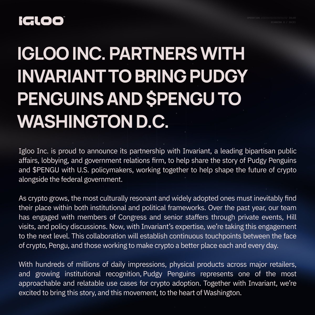 SteveG60117's tweet image. From the shelves of Walmart to Washington D.C.
Igloo partnering with Invariant to bring Pudgy Penguins + $PENGU to U.S. policymakers is a massive W not just for @pudgypenguins, but for all of crypto.
Crypto’s next chapter starts with having a voice in policy, and you couldn’t…
