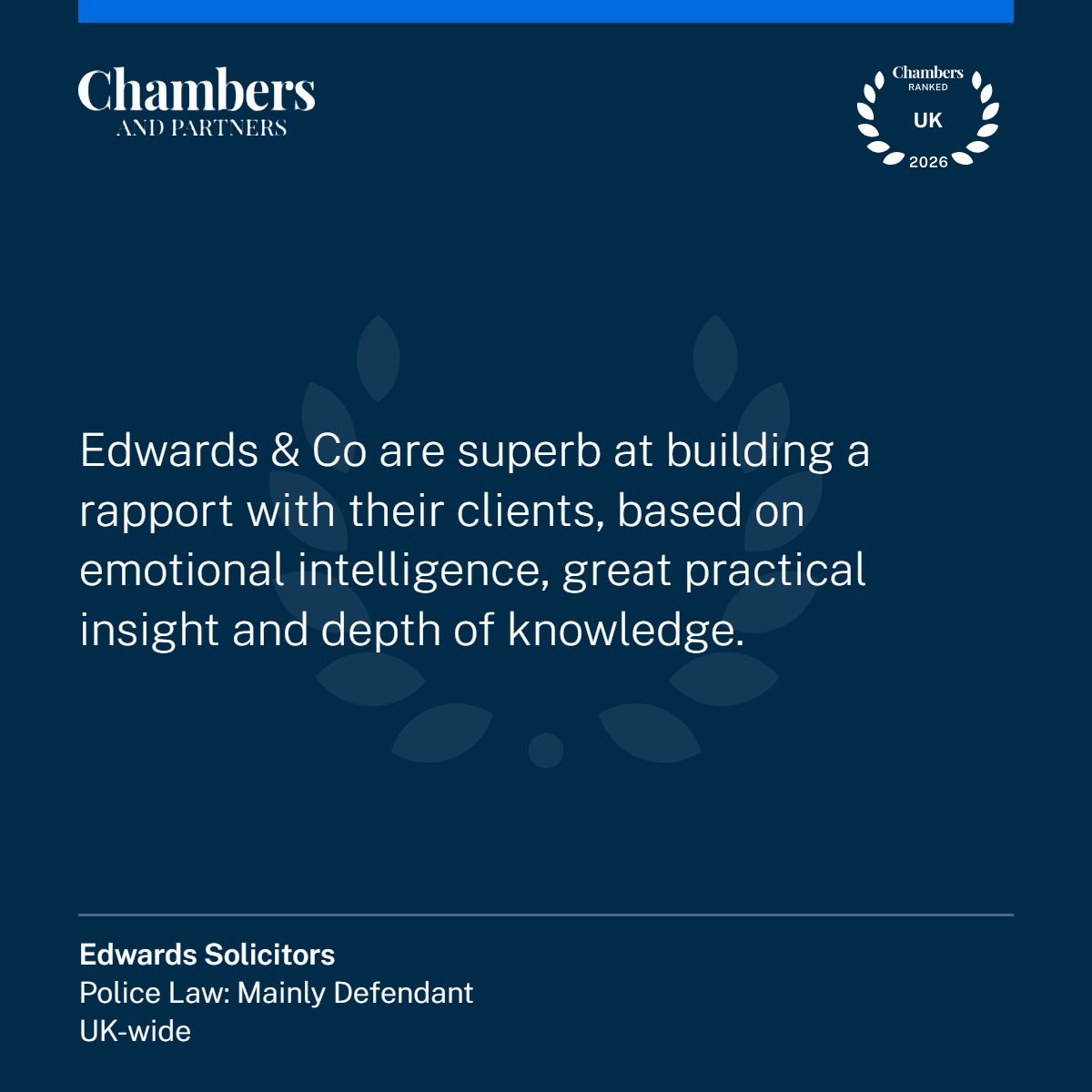 Delighted to be ranked in <a href="/ChambersGuides/">Chambers and Partners</a> alongside <a href="/michael_may_/">michael may</a> and proud to have retained our ranking as experts in both Police Law and Professional Discipline. 

A huge thank you to our clients and colleagues, most notably <a href="/PoliceFedforNI/">Police Federation for Northern Ireland</a> and <a href="/SupersAssocNI/">SANI</a>

<a href="/EdwardsandCo_/">Edwards Solicitors</a>
