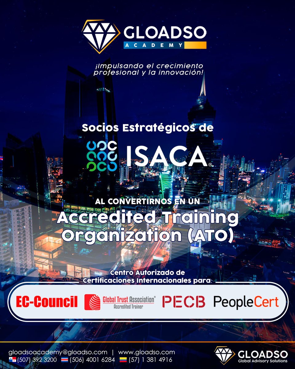 GLOADSO's tweet photo. 🚀#GLOADSO ha sido acreditada como #ATO de #ISACA para Panamá y Latinoamérica!  Este importante logro se suma a las alianzas de formación ya consolidadas con reconocidas casas certificadoras internacionales como EC-Council, PECB, Global Trust Association y PeopleCert, https://t.co/nDTim1JAVK