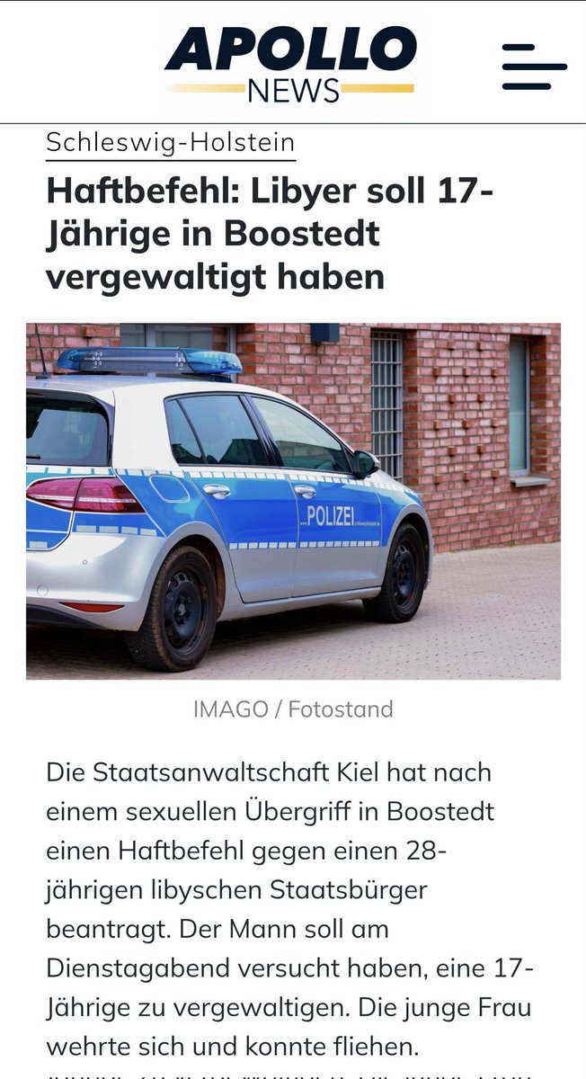Schleswig-Holstein: 
Haftbefehl: Libyer soll 
17-Jährige in Boostedt
vergewaltigt haben

Ob das wirklich Folgen für den Täter hat, bezweifle ich!
Es wird wie so oft ablaufen. Sie werden den Täter schützen.