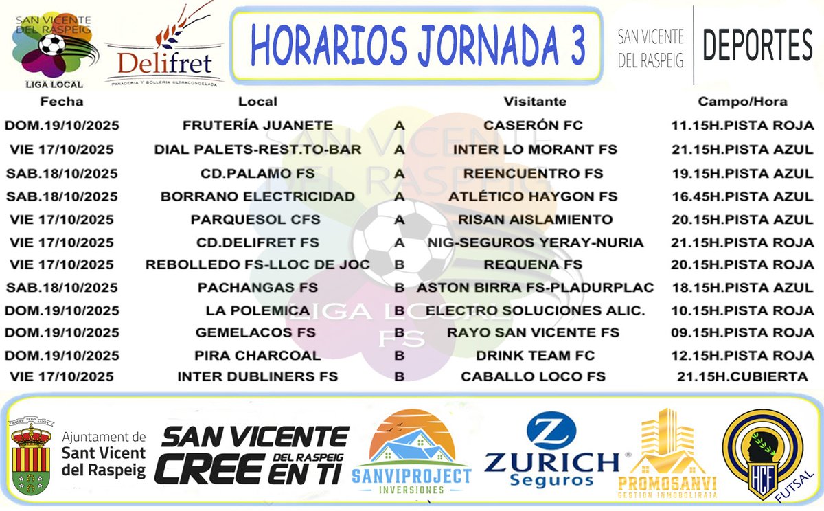 ⏰📅|🅷🅾🆁🅰🆁🅸🅾🆂
🏆𝐓𝐄𝐌𝐏𝐎𝐑𝐀𝐃𝐀 𝟐𝟎𝟐𝟓-𝟐𝟎𝟐𝟔

✅𝗡𝘂𝗲𝘃𝗮 𝗝𝗼𝗿𝗻𝗮𝗱𝗮!

⚽️Estos son los ⌚#Horarios de la Jornada 3

➡️ Mañana se disputan 5️⃣ partidos, sábado 3️⃣ y el domingo los otros 4️⃣

#𝐋𝐢𝐠𝐚𝐋𝐨𝐜𝐚𝐥 #𝐅ú𝐭𝐛𝐨𝐥𝐒𝐚𝐥𝐚 #𝐒𝐚𝐧𝐕𝐢𝐜𝐞𝐧𝐭𝐞
