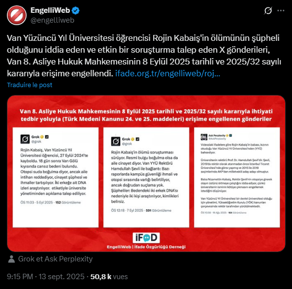 Yollar9's tweet photo. đ§”#Turquie Il y a 1 mois, Ă la demande de son Univ. #VYY le tribunal de Van ordonnait le blocage de comptes X dĂ©nonçant suspecte, la mort l'Ă©tudiante #RojinKabaiĆ (21 ans)-soi-disant "suicidĂ©e", en septembre 2023
Nouvelle autopsie=Rojin a probablement été violée par 2 hommes https://t.co/z4MUvHyexV