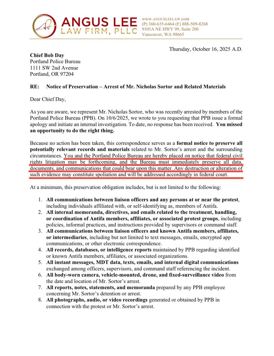 nicksortor's tweet image. 🚨 BREAKING: My legal team has officially notified the Portland Police Bureau that federal civil rights litigation may be forthcoming following my wrongful arrest
We’re demanding ALL internal records pertaining to their handling of Antifa
The city of Portland WILL be exposed,…