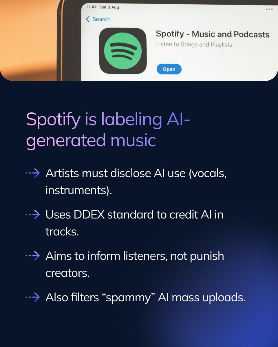 quantigoai's tweet photo. 🎧 AI is making music and video but are platforms telling us what’s real?
Spotify just introduced new rules to label AI-generated music.
OpenAI quietly updated Sora to give creators more control.

Transparency in AI media is no longer optional, it’s the next big thing. https://t.co/qfbqKBCX18