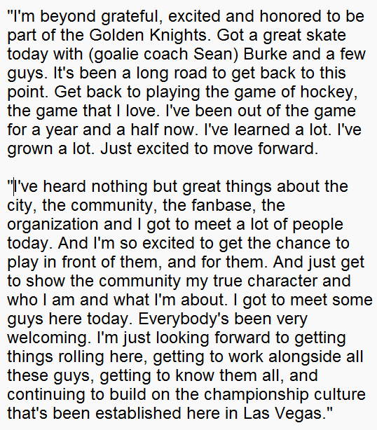 Carter Hart's opening statement to reporters today, after working out at the Golden Knights' facility: