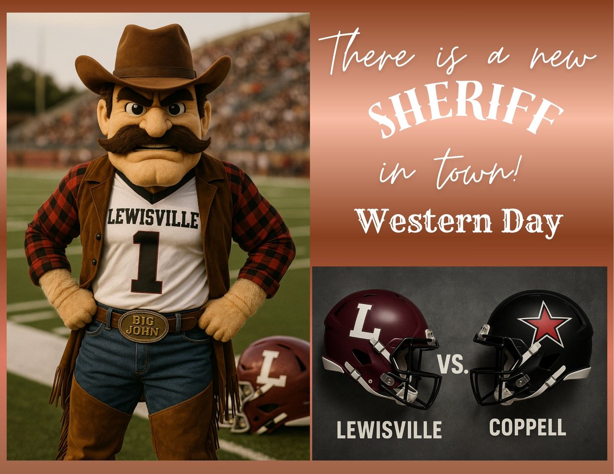 LHSHarmon's tweet photo. 🤠 Western Dress Up Day Reminder! 🤠
Farmers, tomorrow we’re getting ready for the big matchup — Lewisville Farmers vs. Coppell Cowboys! Show your school spirit by dressing up in your best Western gear! Let’s fill the halls with Farmer Pride and get game-day ready! 🏈 https://t.co/i2lb6QrSKC