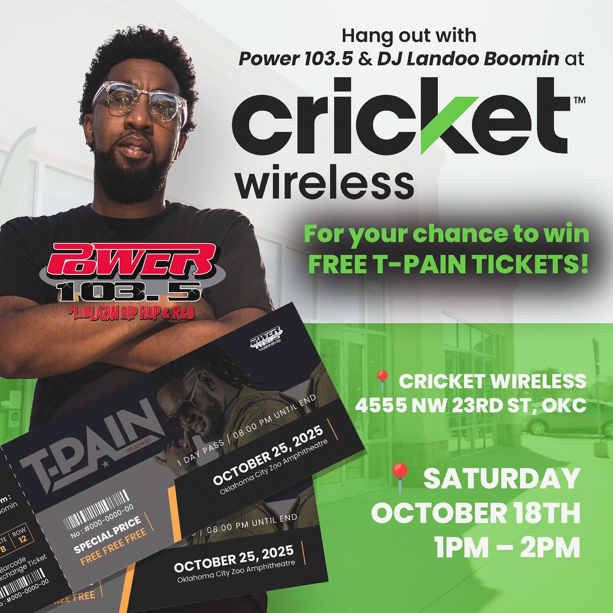 Pull up this Saturday and catch Power 103.5’s own DJ <a href="/LandooBoomin/">LandooBoomin</a> live at Cricket Wireless (4555 NW 23rd St, OKC) from 1–2PM!
We’ve got free T-Pain concert tickets and that Power 103.5 energy all afternoon 🔥