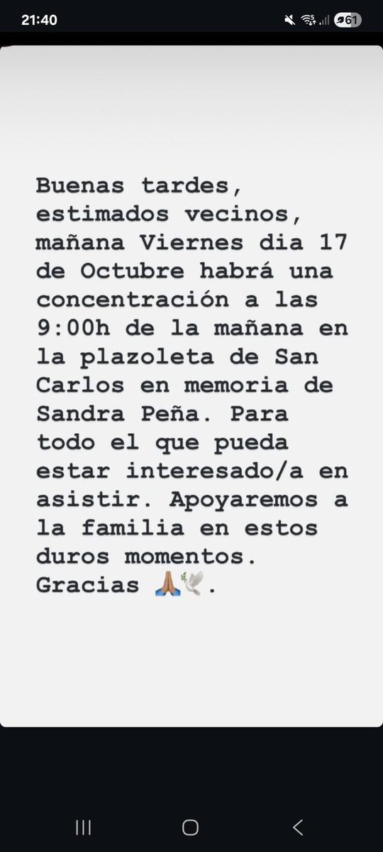 Concentración mañana en memoria de Sandra Peña, la chica que se ha suicidado víctima de bullying en el colegio de las Irlandesas de Loreto de Sevilla.

Los vecinos estamos fomentando una concentración.

Nadie debería pasar por esto nunca en la vida. 

Se agradece DIFUSIÓN. 🙏🏾🙏🏾