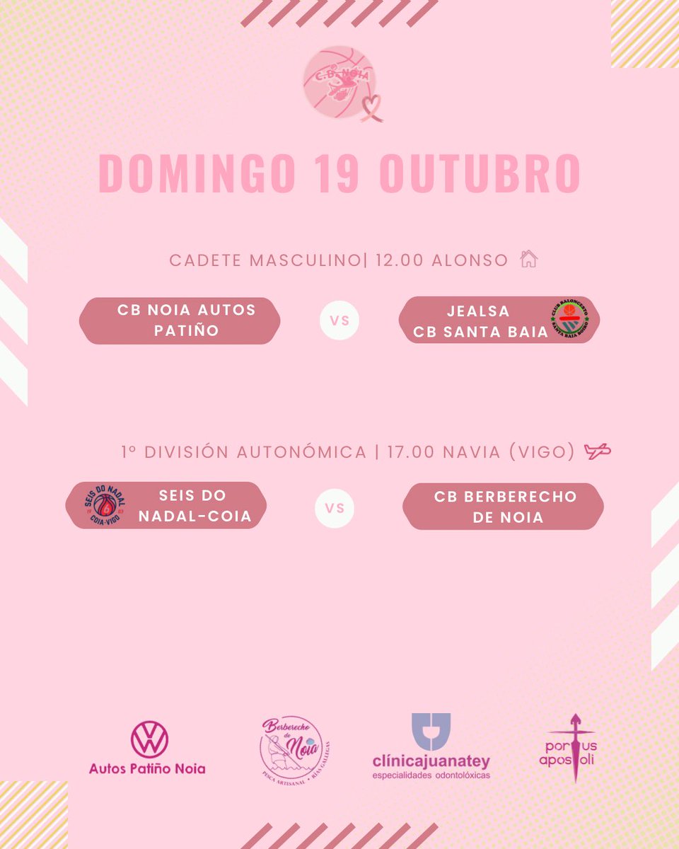 CBNoia's tweet photo. 📅PARTIDOS DA XORNADA
Os nosos equipos afrontan unha nova xornada de liga, e queremos facelo tamén lembrando o Día Mundial do Cancro de Mama 🎀
Xogamos, apoiamos e loitamos xuntos por todas as mulleres que libran esta batalla cada día
Na vida e no deporte a forza está no equipo https://t.co/DEI7LsGYY8