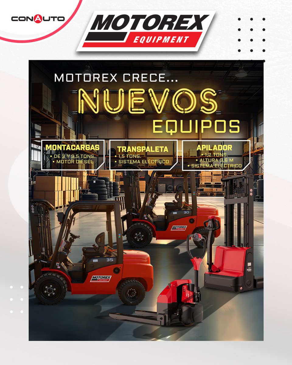 ConautoEC's tweet image. 💛 ¡La familia Motorex sigue creciendo! 🚜
Nuevos equipos llegan para potenciar tu trabajo:

⚙️ Montacargas diésel (3 y 3.5 t)
⚡ Transpaleta eléctrica (1.5 t)
🔝 Apilador eléctrico (1.2 t / 3.6 m)

Más potencia. Más altura. Más productividad.
#Motorex #CrecemosContigo