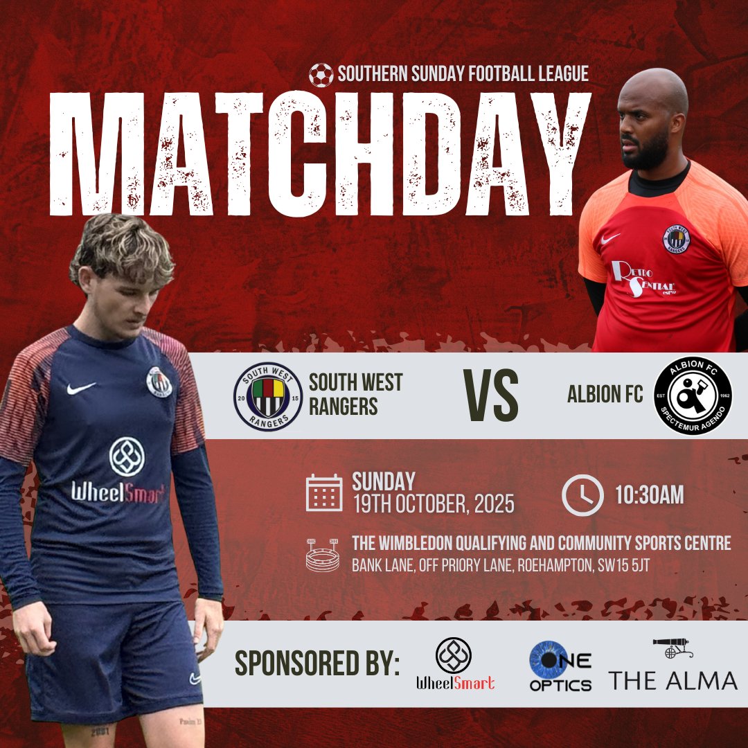 MATCHDAY 6 🔴⚫️

Back at it this Sunday against <a href="/AlbionFC1962/">Albion FC</a> .

Tough one to take last week, but the reaction in training’s been spot on. Big chance to put things right and climb the table.

🕥 10:30AM
📍 Bank of England Sports Centre
#SWR #SSFL #SundayLeague #UpTheRangers