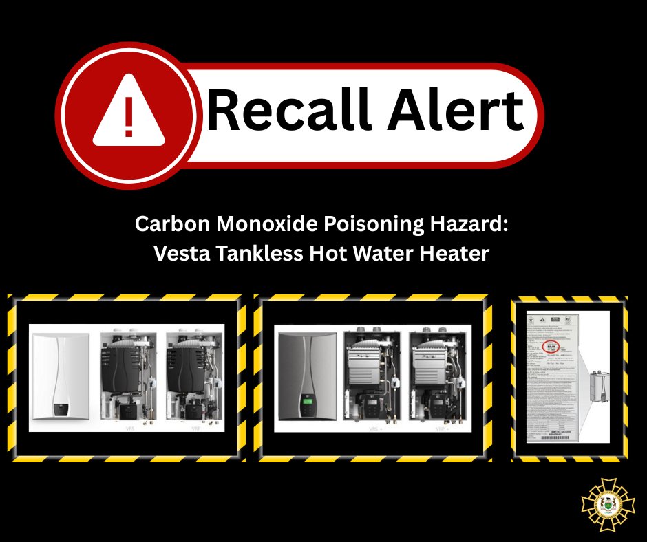 Recall Alert🚨 Health Canada recalls Vesta Tankless Hot Water Heater due to carbon monoxide poisoning risk. If you own one, stop using it and contact Vesta for repair or replacement. More info: recalls-rappels.canada.ca/en/alert-recal…
#ONFireMarshal #Recall #COSafety