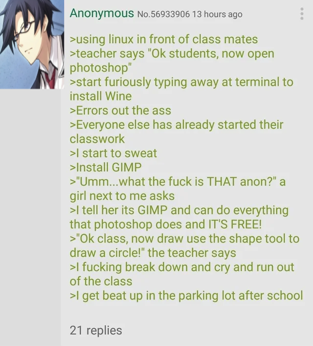 46daishi's tweet image. How I feel every time something breaks on my Linux laptop mid-class