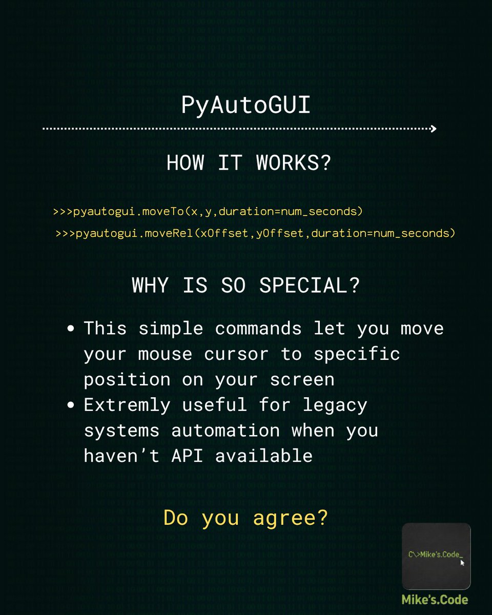 mikes_code1's tweet image. Right now I just want to introduce you PyAutoGUI. This is very easy to learn GUI automation library which is very useful when it comes to performing automated actions on legacy systems. Check out docs if you didn't already🙂
#programmingresources #Python #codingisfun #Automation