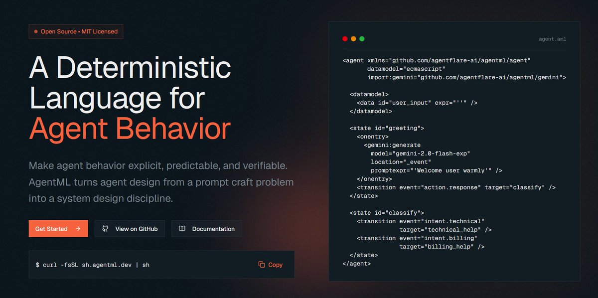 AgentflareAI's tweet photo. We are excited to announce the launch of @AgentMLdev which combines the usability of XML with the predictability of state machines, giving you complete control over agent behavior. Repo in comments. MIT License. https://t.co/IQwXvhki3q