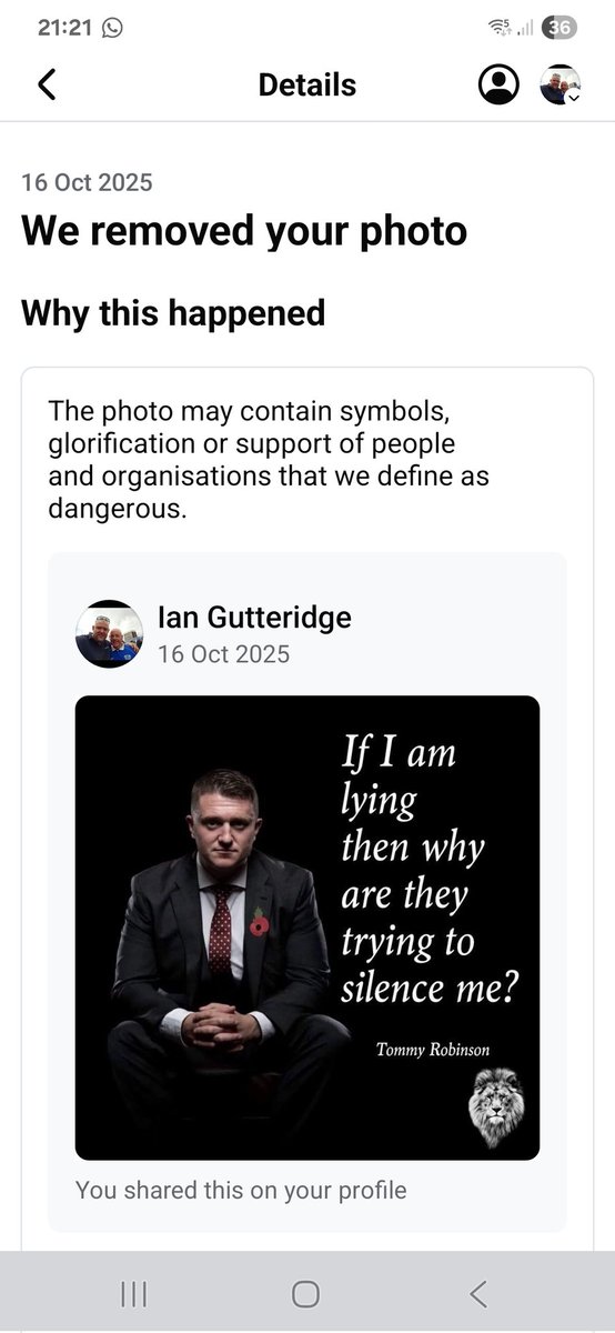 Facebook has instantly removed this picture I've just posted.. Fucking wankers <a href="/TRobinsonNewEra/">Tommy Robinson 🇬🇧</a> <a href="/liamtuffs1/">Liam Tuffs</a>