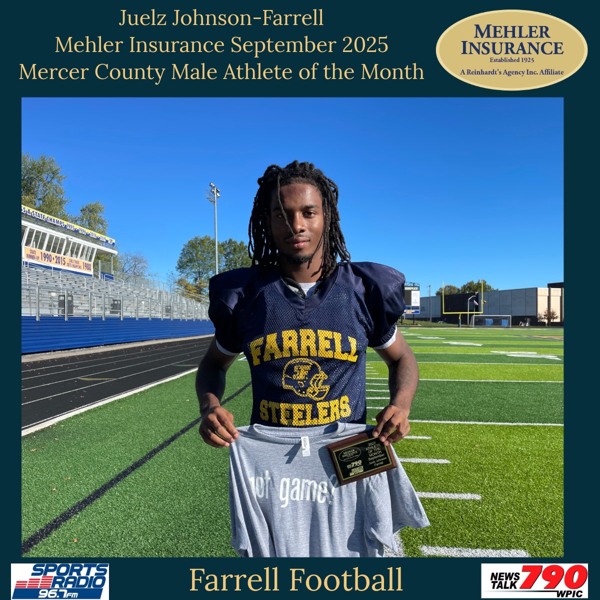 BobGreenburg's tweet image. Juelz Got Game!! Congratulations to Farrell football star Juelz Johnson our Mehler Insurance September Mercer County Athlete of the Month! @JujuJohnson0 @Reinhardts1904 @peguesAmp