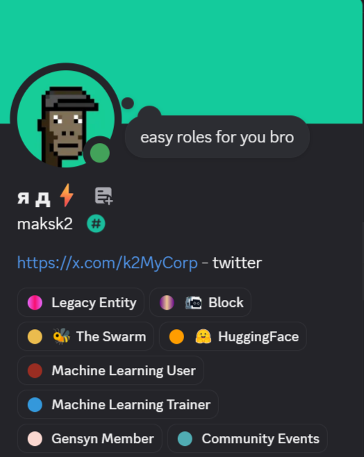 full guide on how to get the roles of "The Swarm" and "Block"

This section describes the step-by-step steps that will lead you to obtaining these roles.

the most understandable guide for a beginner

It will be helpful if you support the <a href="/gensynai/">gensyn</a> project as much as I do.

I