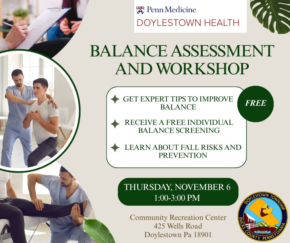 Join us for a FREE Balance Assessment &amp; Workshop led by a physical therapist from Penn Medicine Doylestown Health!

This informative session includes a talk on fall risks &amp; prevention, followed by individual balance screenings.

Register now: doylestownpa.myrec.com/info/activitie…