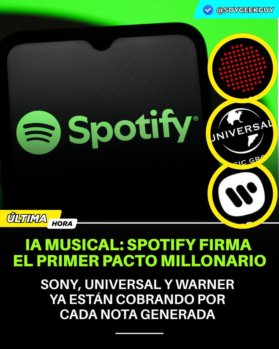 soygeekguy's tweet image. 🎶 ¡Revolución musical en marcha! Spotify se une a Sony, Universal y Warner para crear música con IA, protegiendo derechos de artistas. 🤖 Promete IA responsable y un laboratorio generativo. ⚠️ ¿Emocionado por un futuro donde la IA potencia la música? 💬 #SpotifyAI #IAEnLaMúsica