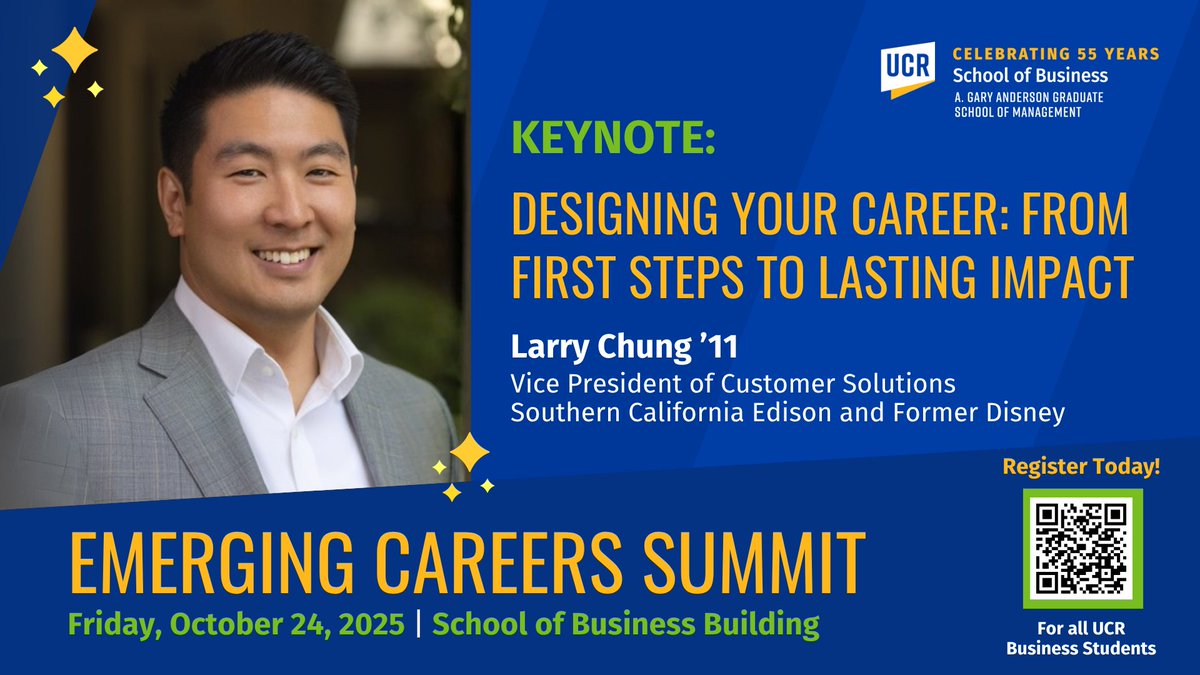 Level up your career at the Emerging Careers Summit! 📈
Fri, Oct 24 | 4 PM | Biz Building
Featuring Larry Chung ’11 (VP at SCE, former Disney)
Open to all UCR Business students. 🤝
#UCRBusiness #CareerSummit