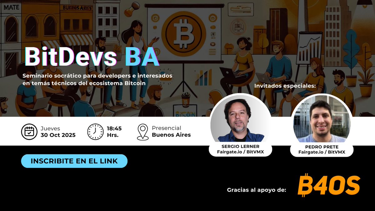 libdesatoshi's tweet image. 📢 Atención developers en Buenos Aires 🔥
Vuelve @BitdevsBA – Seminario Socrático #7 ⚡
🗓️ Jueves 30 de octubre · 19:00 a 22:00 (ART)
🎙️ Con una charla de @SDLerner y Pedro Prete sobre @bitvmx
Si respiras código y te apasiona Bitcoin, este encuentro es para vos.
Debates…