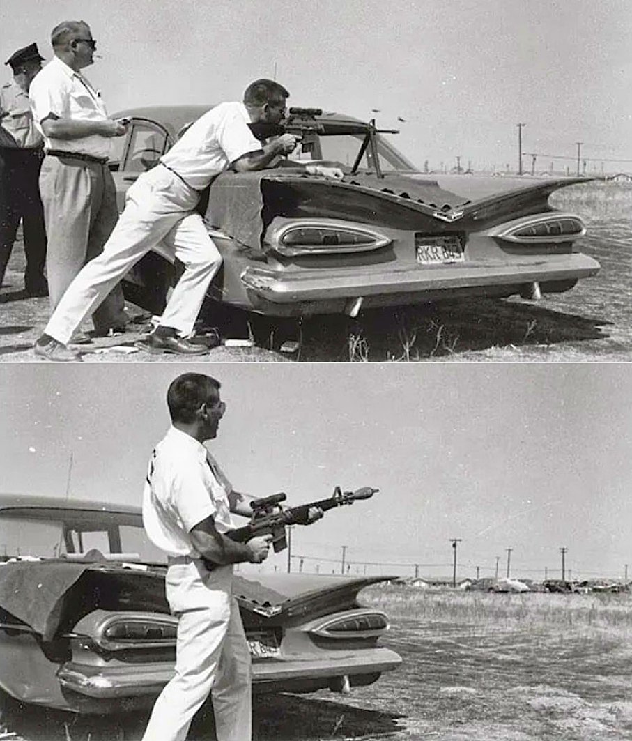 California Highway Patrol testing an AR-15 variant in 1966. Not sure which variant it is, probably a Colt SP1 but I can't confirm.