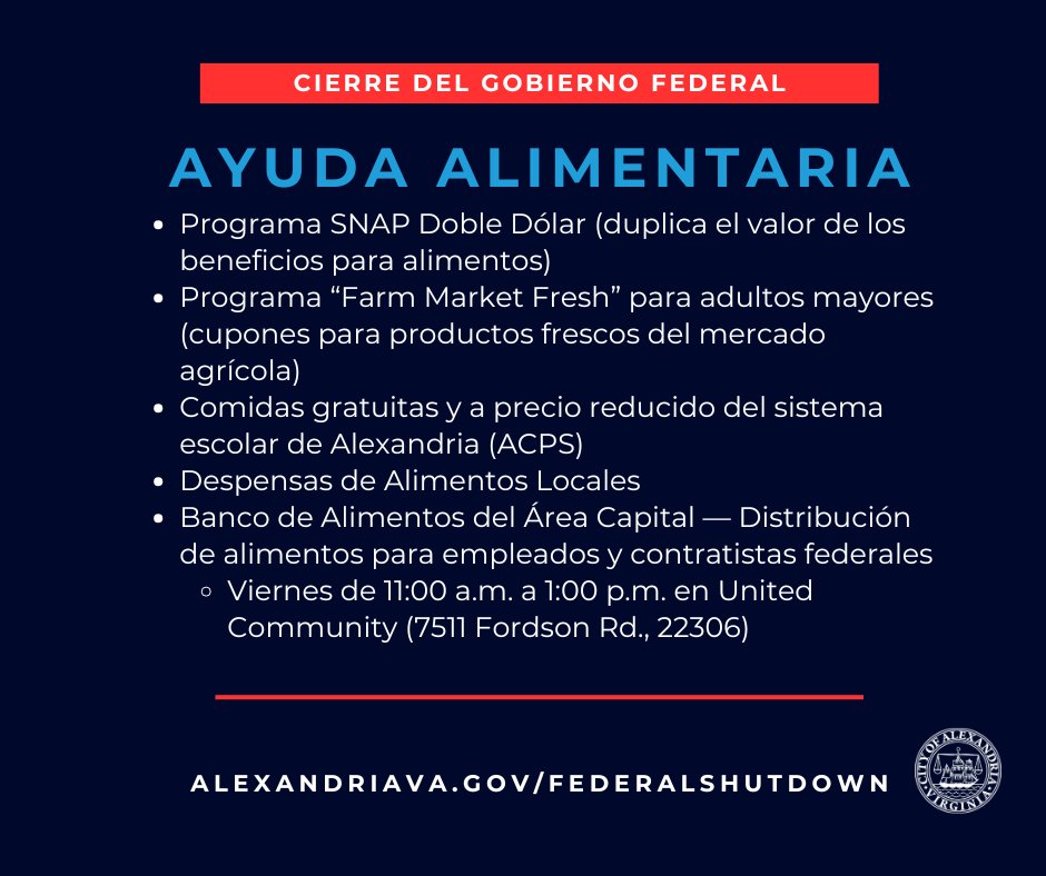 Facing hardship from the federal shutdown? The City of Alexandria can help with food and other support. Visit alexandriava.gov/FederalShutdown for details on these food resources, including extra food distributions for federal workers and contractors starting next week from our partners.