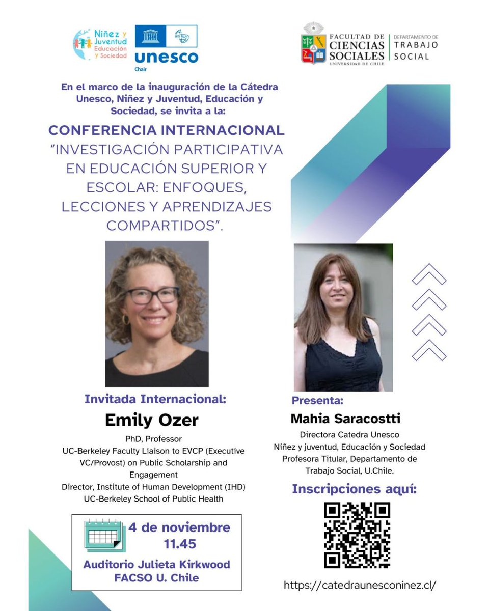 🎓✨ Conferencia Internacional | Inauguración de la Cátedra Unesco Niñez y Juventud, Educación y Sociedad

📅 Lunes 4 de noviembre, 11:45 h
📍 Auditorio Julieta Kirkwood, FACSO U. de Chile
🔗 Inscripciones abiertas en catedraunesconinez.cl o escaneando el código QR del afiche